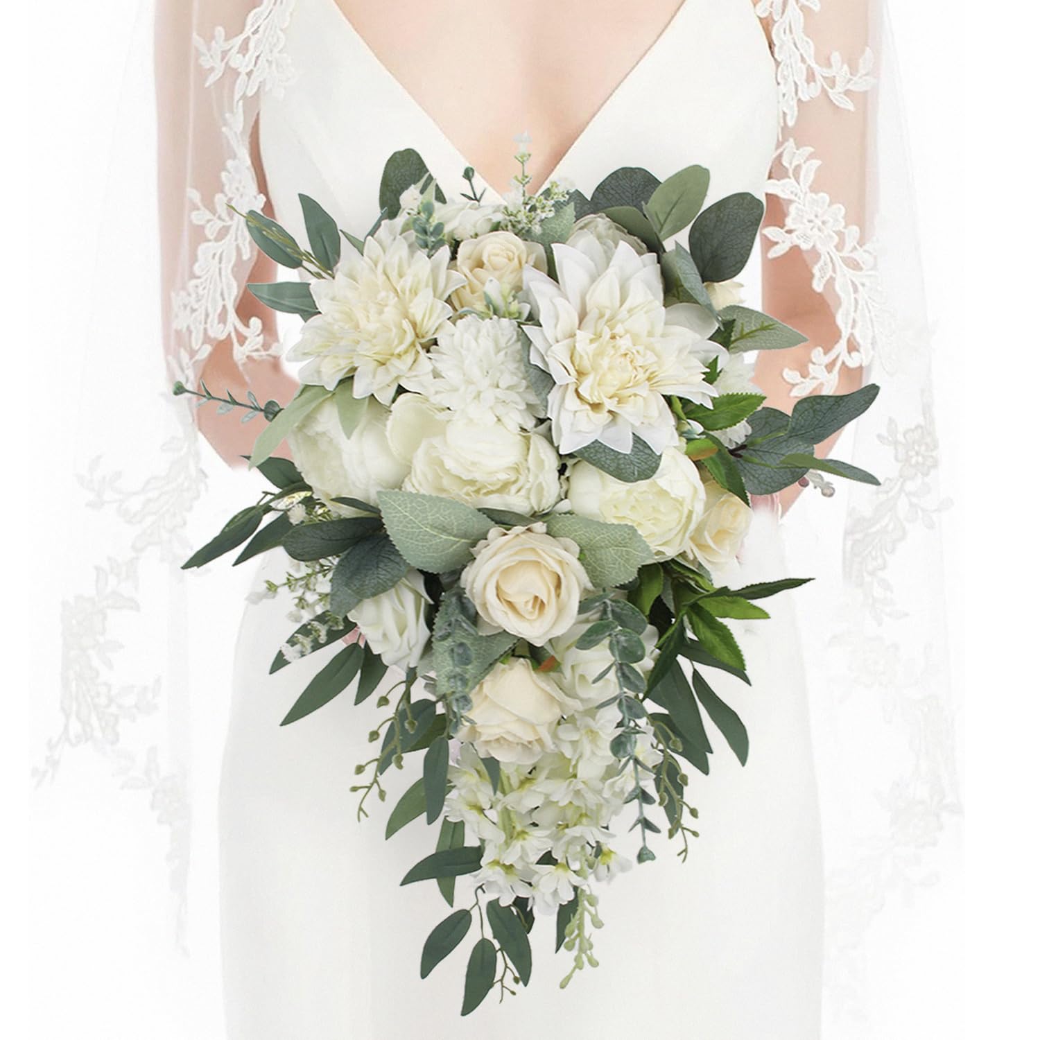 Photo 1 of Rinlong White Green Cascade Bouquet Wedding Bouquets for Bride Cascading Wedding Bouquet Bridal Bouquet Artificial Flowers