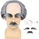 AMZCOS Old Man Bald Cap Grey Wig Grandpa Wig with Glasses Mustache & Eyebrows for Mens Halloween Cosplay Costume Funny Old Person Gray Hair Wigs