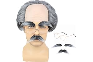 AMZCOS Old Man Bald Cap Grey Wig Grandpa Wig with Glasses Mustache & Eyebrows for Mens Halloween Cosplay Costume Funny Old Person Gray Hair Wigs
