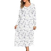 JRYNOEU Women's Long Sleeve Nightgown 100% Cotton Soft Knee-Length Sleepwear Gown for Women Cozy Lounge Dress Pajamas