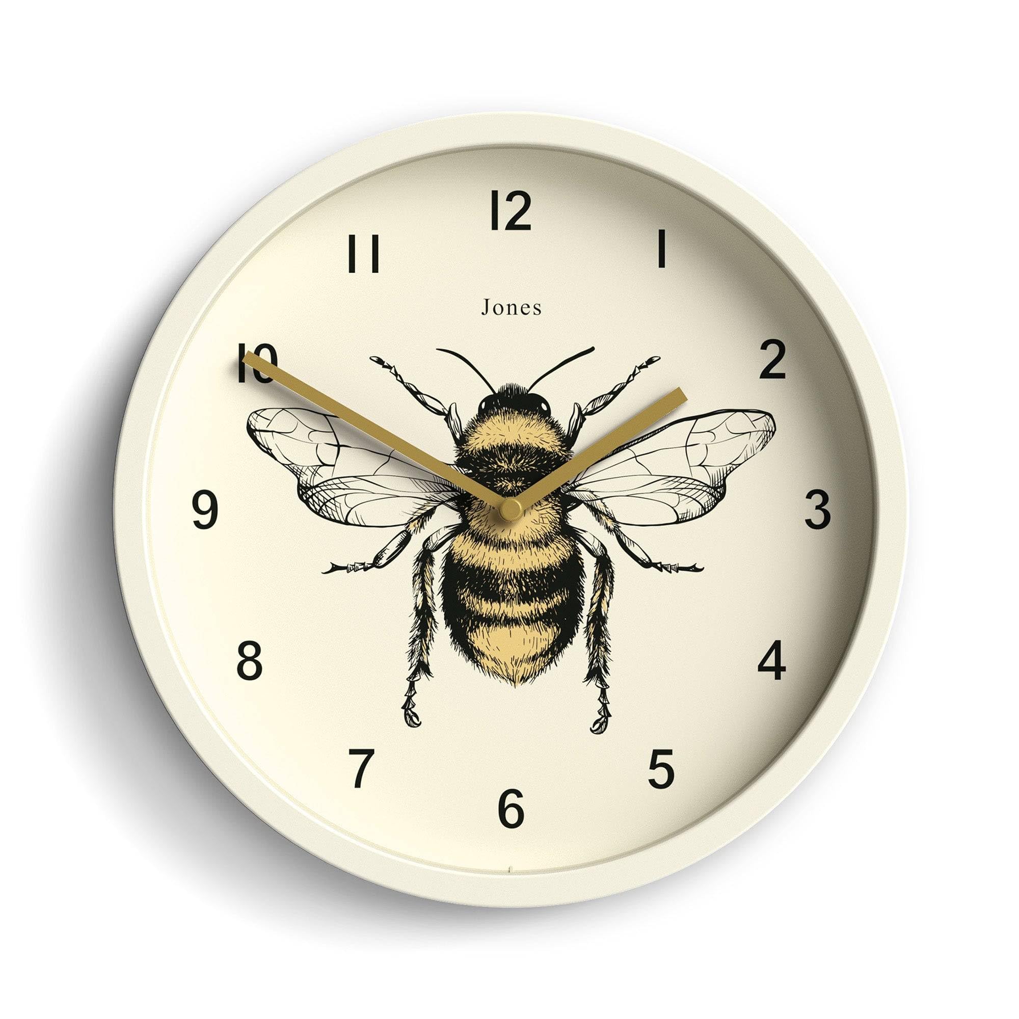 Jones Clocks® Bee wall clock | Small modern clock with honeybee illustration | 25cm | Pale cream | Decorative design for kitchen, living room, bedroom or office