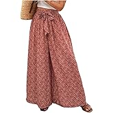 BEAUDRM Women's Floral Palazzo Boho Flowy Baggy Pants Elastic High Waist Wide Leg Vacation Long Trousers