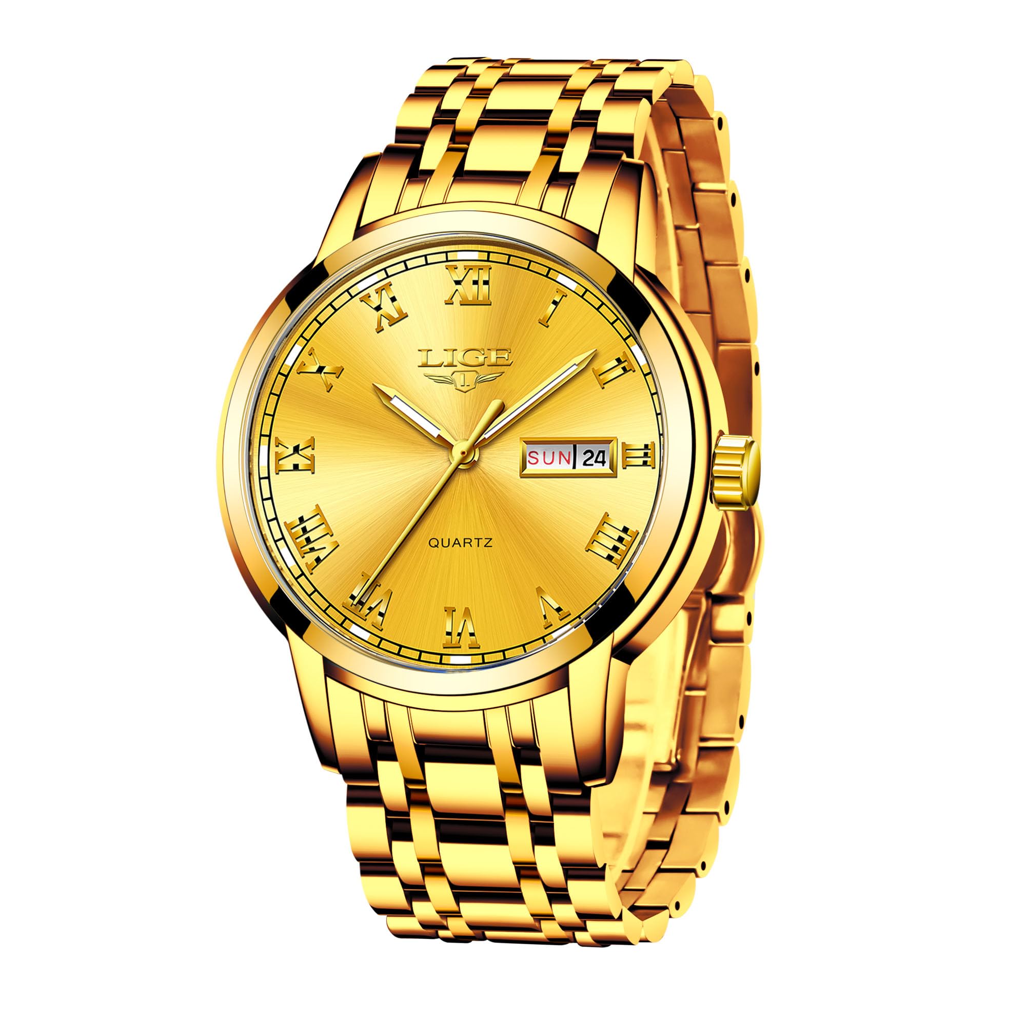 LIGE Mens Watches, Quartz Analogue Watches for Men, Stainless Steel 3ATM Water Resistance, Luminous Hands, Calendar Function, Classic Simple Style, Smart Casual Fashion, Gold