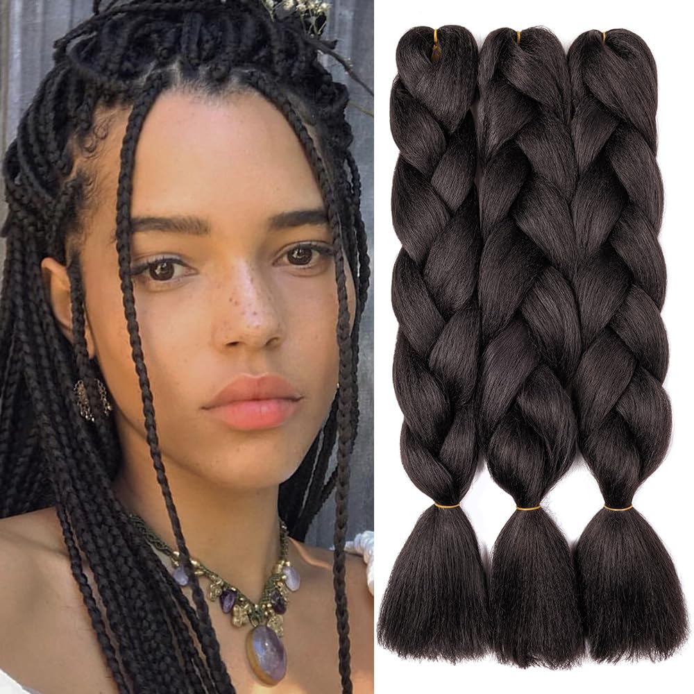 Cybelleza 24" Braiding Hair Extension Jumbo Braids Synthetic 3bundles/pack 300g Crochet Hair Afro Box Braid Heat Resistent, Dark Brown — image 1
