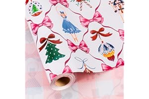 MAYPLUSS Christmas Wrapping Paper Roll - 17IN X 33FT - White Nutcracker Wrap Paper Featuring Christmas Tree Bell Bow Holly Candy Cane Reversible Plaid for Girl, Holiday, New Year