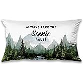 DOFQZ Camping Forest Scenic Mountain Nature Throw Pillow Cover 12x20,Always Take The Scenic Route Forest Green Camping Pillow Cases Decorative for Home Decor,Rv Pillows Cover,Camper Lover Gifts