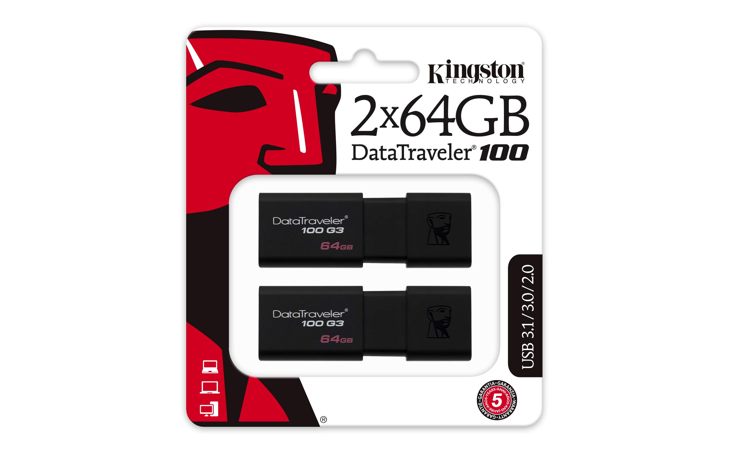 Kingston DT100G3/64GB-2P DataTraveler 100 G3 USB 3.0 USB Flash Drives, 64 GB, Black, Pack of 2