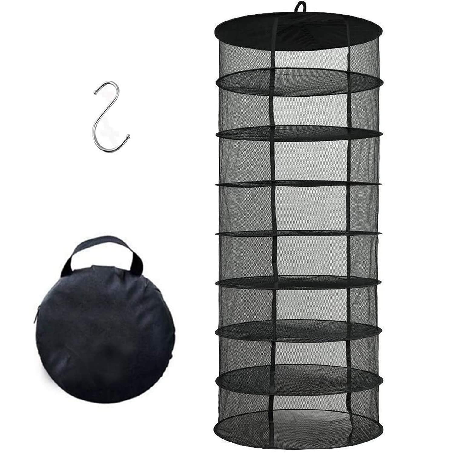 Desy & Feeci Herb Drying Rack Hanging, 2ft 8 Layer Collapsible Mesh Hydroponic Dry Net Herb Dryer with S Hang Buckle and Storage Bag, Black (D24'' x H61'')