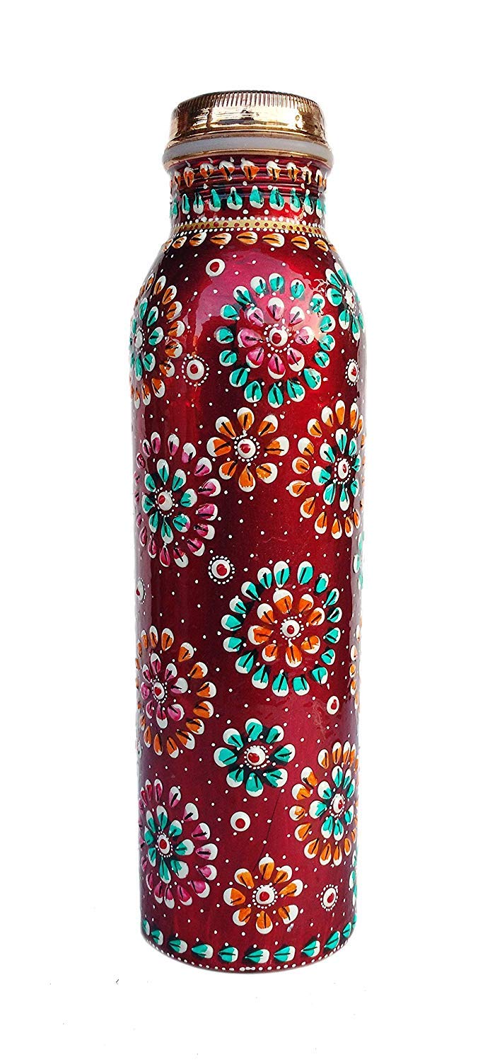 Rastogi Handicrafts Pure Copper Water Bottle for (Joint Free & leak proof) Hand Painted Art Work 950 ml