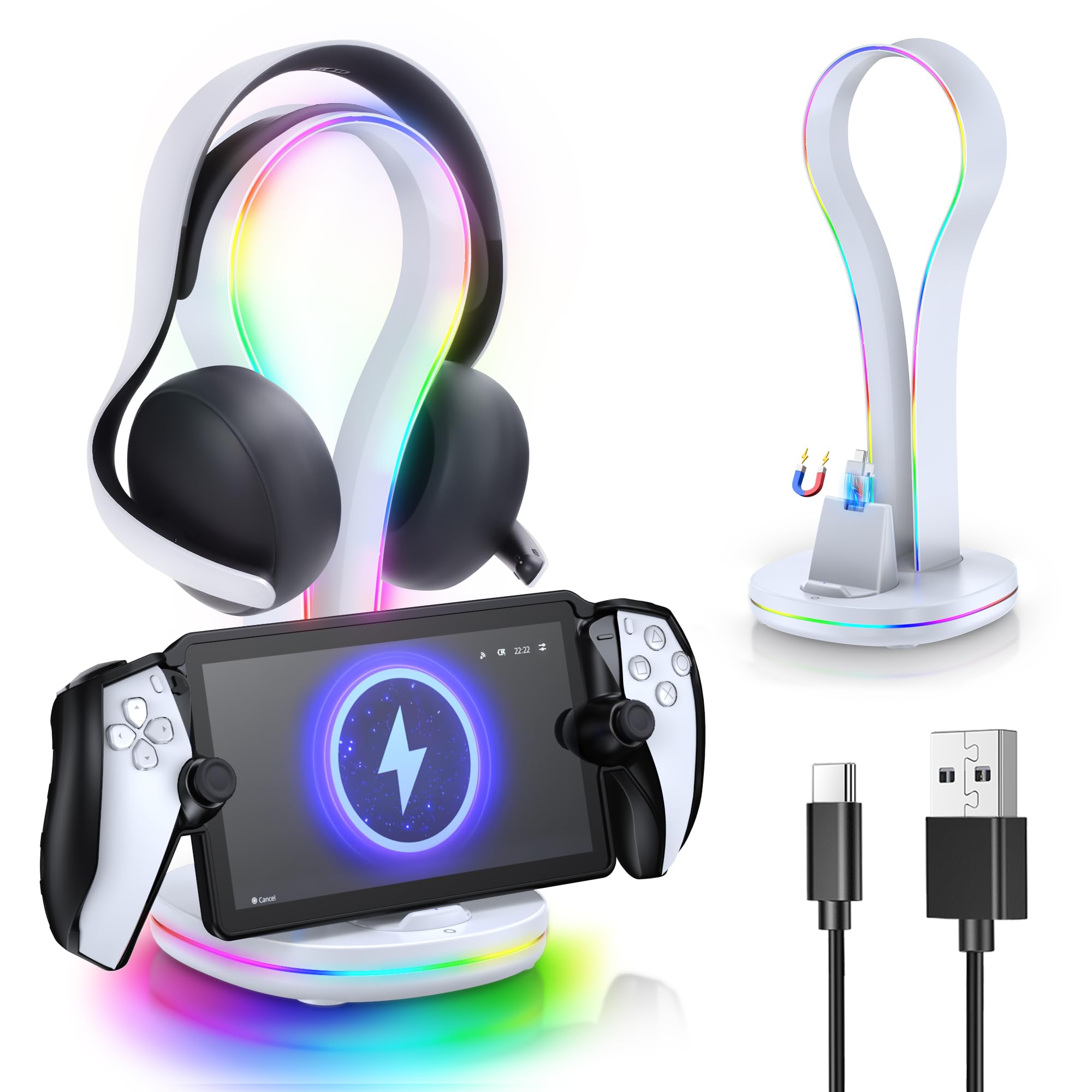 4-in-1 Magnetic Charging Dock for PS Portal & PlayStation Pulse Elite Headset, KOVA Case-Friendly Charger Stand for PlayStation Portal Accessories with 11 Light Modes & 2X USB Ports &1x Cable