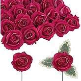 IPOPU Rose Artificial Flowers 20pcs Realistic Velvet Faux Rose with Stems Deep Pink Fake Rose Flowers in Vase for DIY Wedding Bouquets Bridal Shower Party Centerpieces Table Home Decor (Deep Pink)