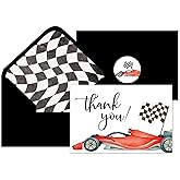 Whaline 24Pcs Race Car Thank You Cards with Envelopes and Stickers Black White Plaid Greeting Cards Blank Note Cards for Race Car Party Supplies