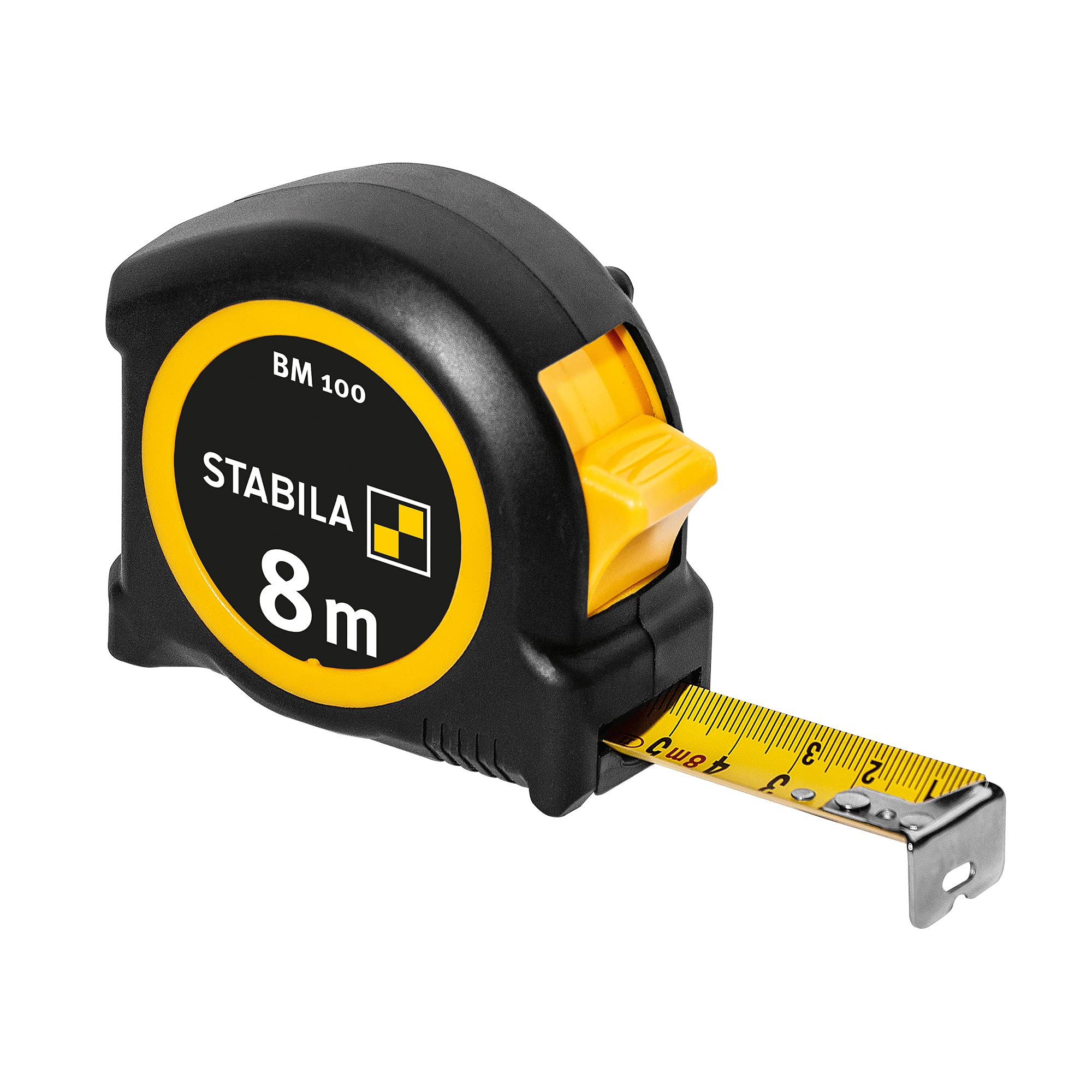 STABILA BM 100 Pocket Tape Measure 8 m Metric Scale Shatterproof ABS Housing Movable Start Hook Belt Clip MID Accuracy