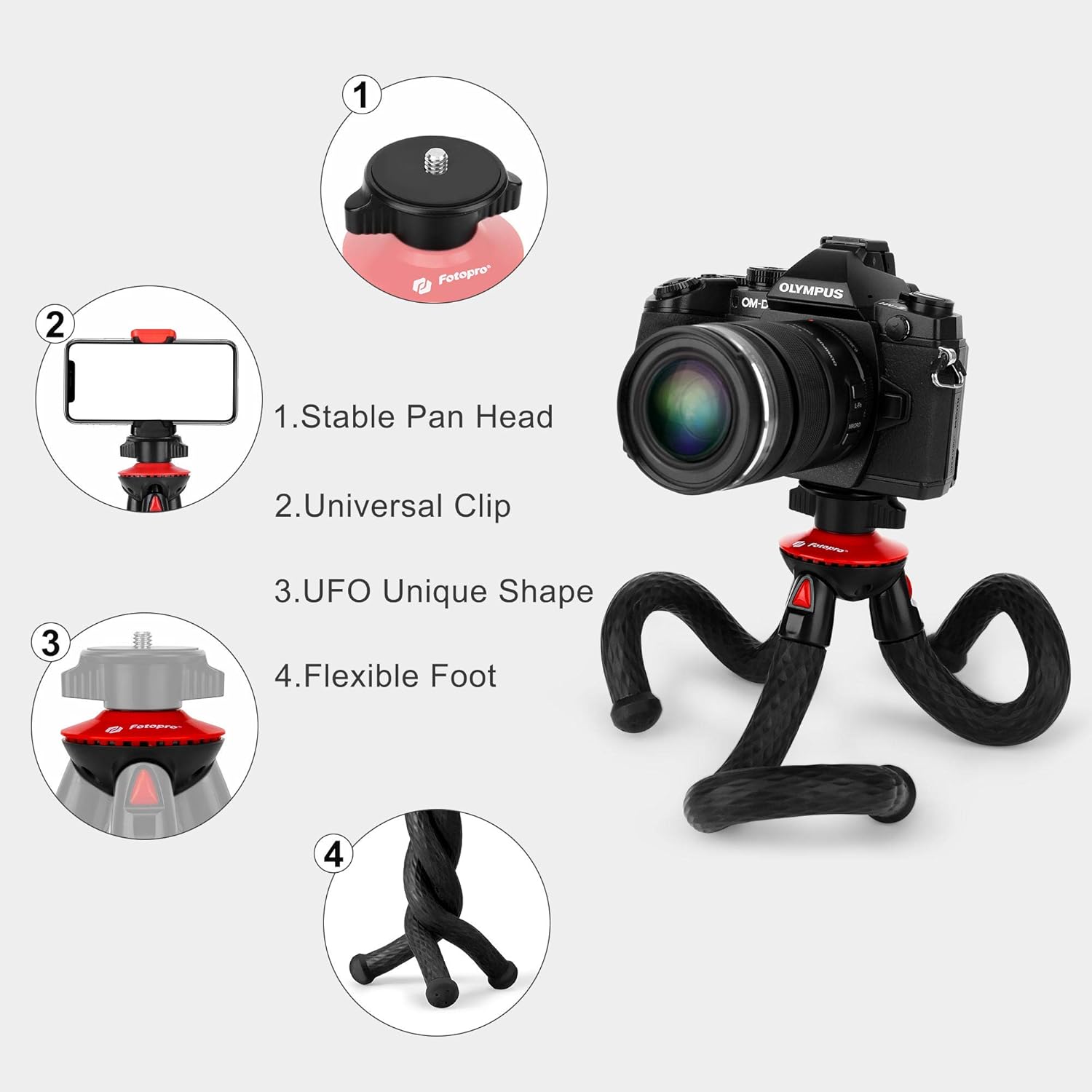 Camera Tripod, Fotopro Flexible Tripod, Tripods for Phone with Smartphone Mount for iPhone Xs, Samsung, Tripod for Camera, Mirrorless DSLR Sony Nikon Canon : Camera & Photo