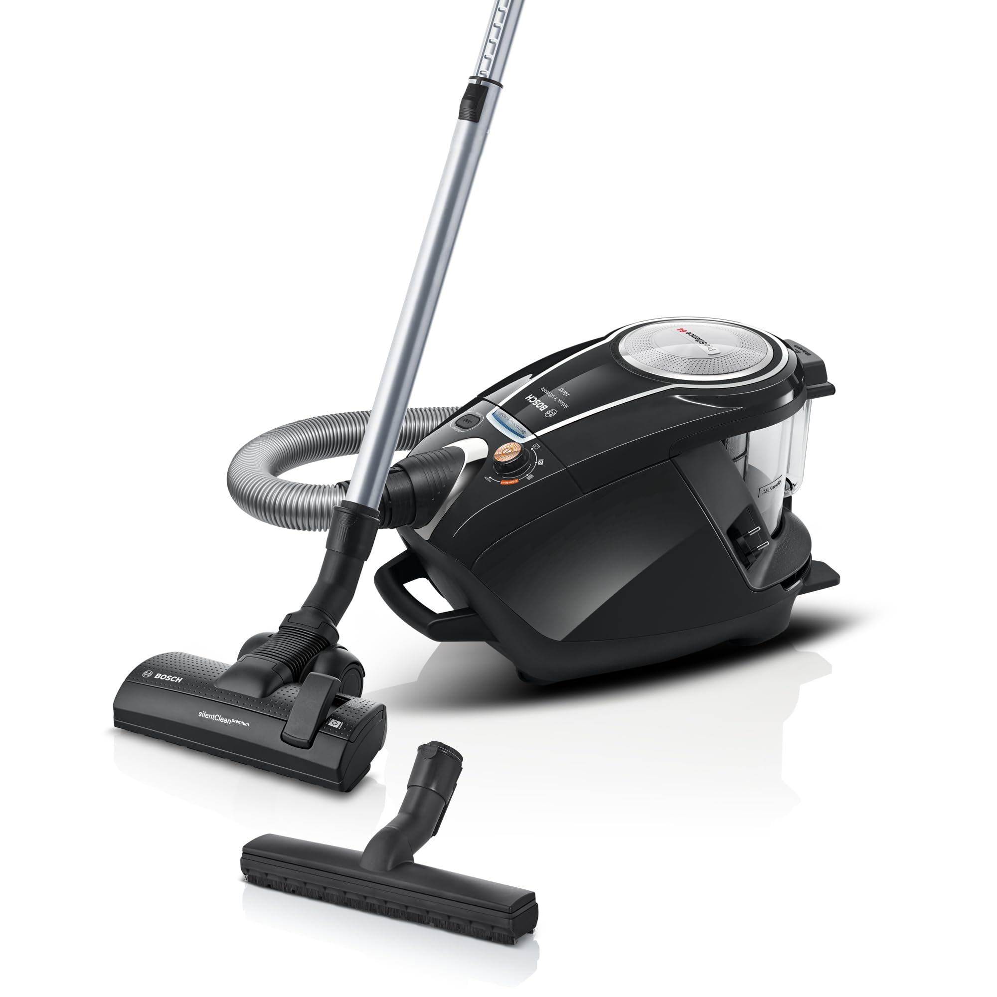 Bosch Staubsauger beutellos ProSilence Serie 8 BGS7MS64, Bodenstaubsauger, leise, Hygiene-Filter, Bodendüse für Parkett, Teppich, Fliesen, Starke Saugleistung, langes Kabel, 800 W, schwarz