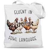LADOCK Funny Chicken Tote Bag, Fluent in Fowl Language Canvas Tote Bags for Women, Chicken Lover Mom Lady Gifts, Coquette Bow Chickens Reusable Grocery Shopping Bags