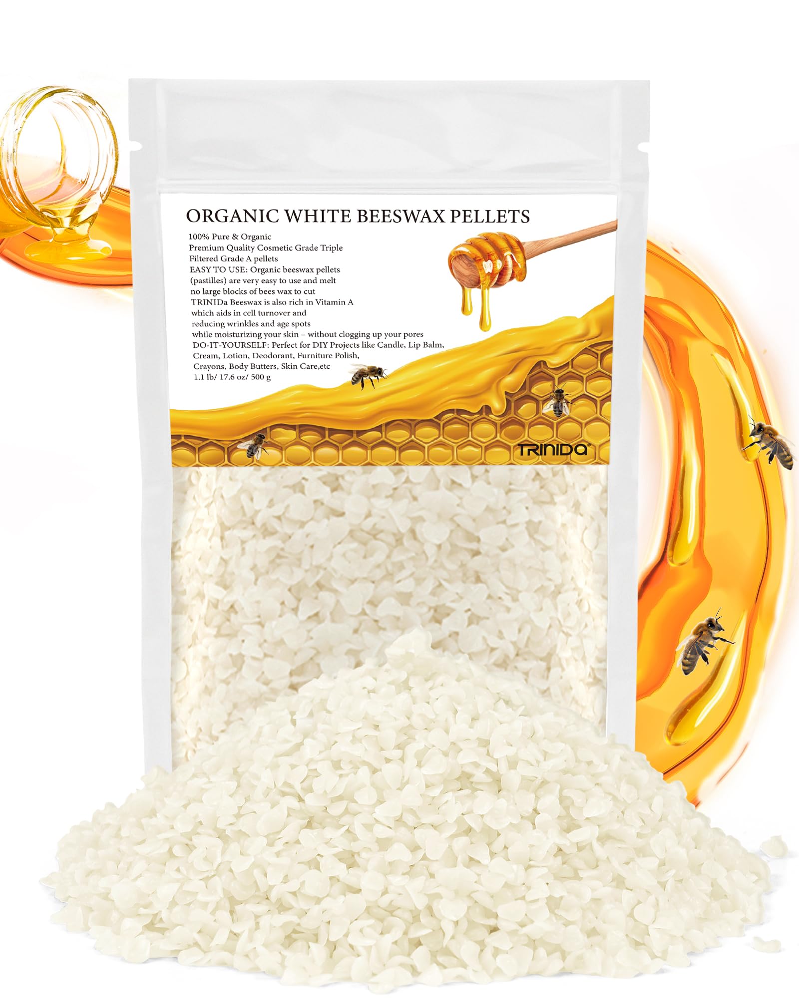 TRINIDa Beeswax Pellets 500g, White Bees Wax for DIY Candles, Beeswax for Candle Making, Skin, Body, Face, and Hair Care, Lotions, DIY Creams, Lip Balm and Soap Making Supplies