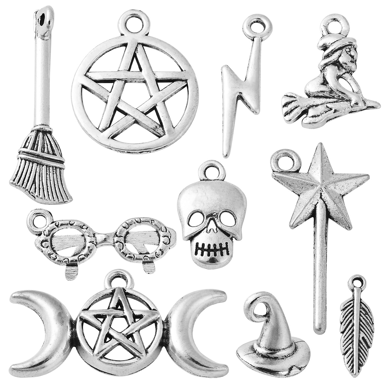 Stiesy 100pcs 10 Styles Antique Silver Witchcraft Theme Tibetan Witch Hat Feather Skull Magic Dangle Charms for DIY Crafts Jewellery Making