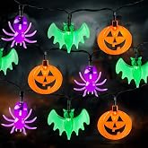 RECESKY 2Pack 20 LED Pumpkin Bat Spider String Lights with Timer - Total 13Ft Orange Purple Green Battery Halloween String Light - Creepy Decor for Indoor Outside House Bedroom Holiday Decorations
