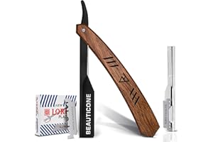 BEAUTICONE Straight Razors for Men, Straight Edge Razor with 100 Single Edge Blades, Stainless Steel, Barber Razor for Men's Shaving, Barber Shaving Knife, Wooden Handle, Slide-Out