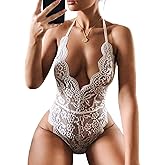 Dlsave Sexy Lingerie for Women,Deep V-Neck Lace Bodysuit Bridal Lingerie Backless One piece Teddy Body Suits Tops Wedding
