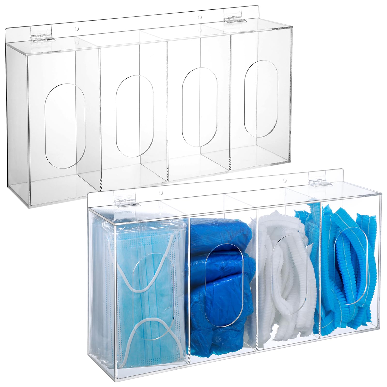 Photo 1 of Soaoo 2 Pcs Gloves Holder Shoe Cover Dispenser Wall Mounted Clear Acrylic Face Mask Box Organizer Dispenser Box with Lids 4 Compartments Hairnet Holder Disposable Mask Storage for Laboratory Office