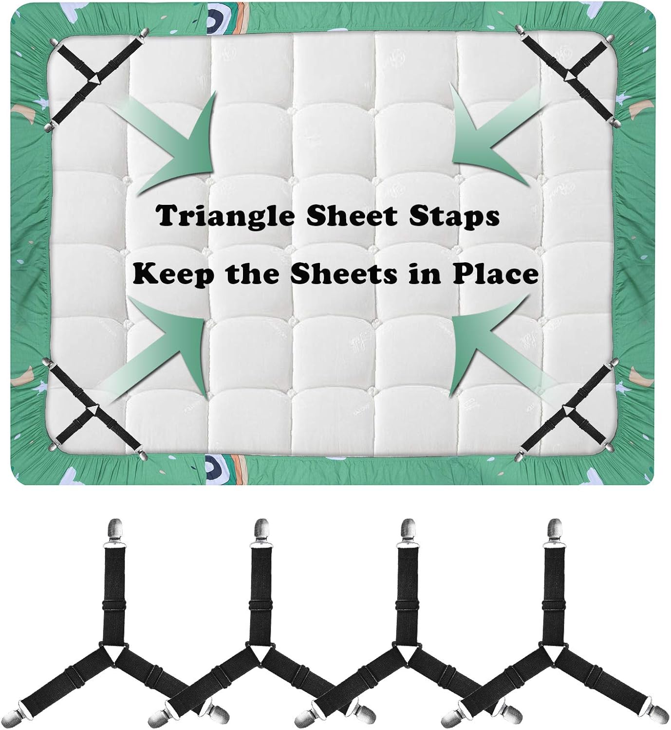 SEEOOR Bed Sheet Holder Straps, Triangle Elastic Mattress Corner Clips, 3 Way Fitted Bed Sheet Fastener Suspenders Grippers Heavy Duty for Bedding Sheets, Mattress Covers, Sofa Cushion (4 Pcs): Home & Kitchen