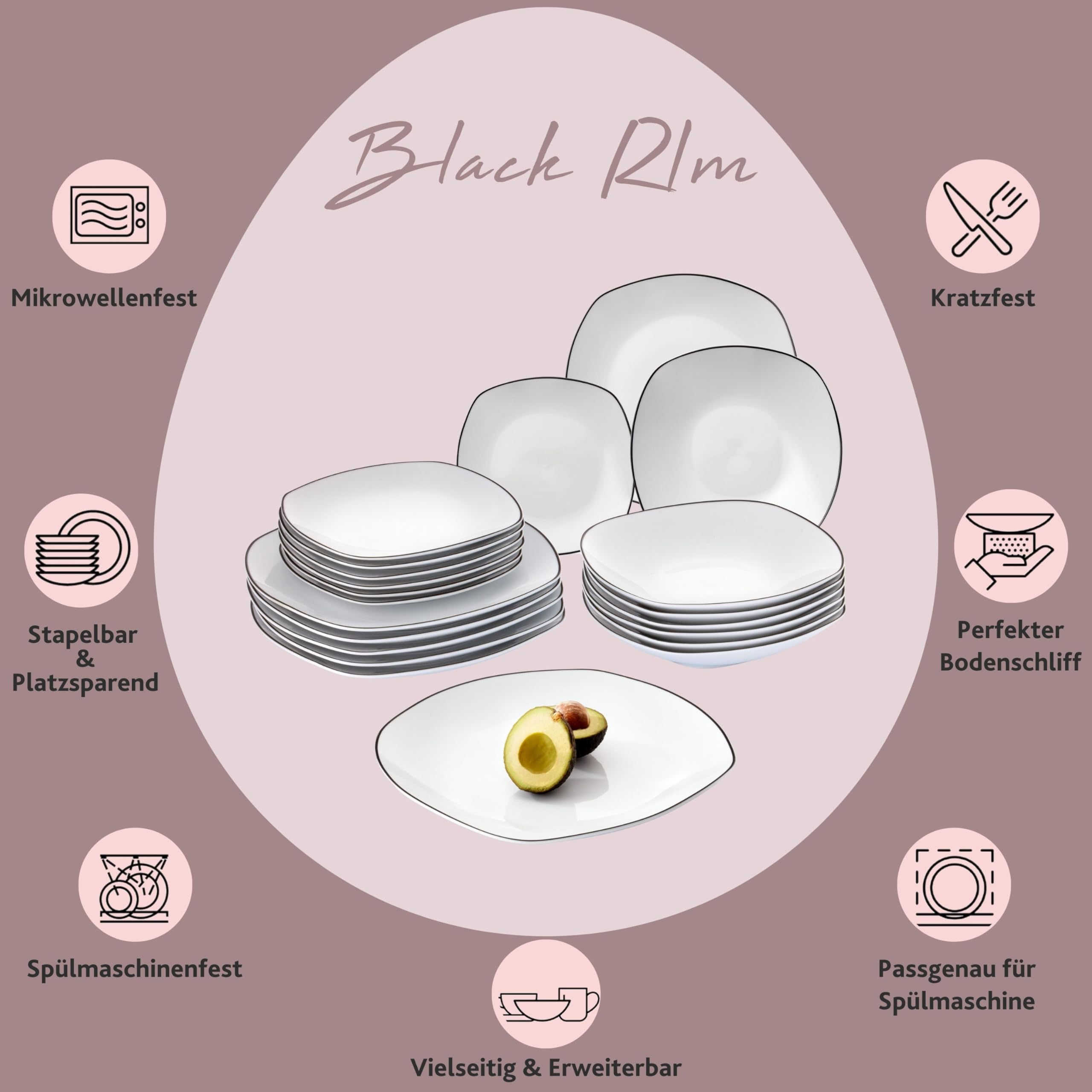 SÄNGER | Teller Set Bilgola Black Rim 18 tlg, Porzellan Geschirrset 6 Personen Tafelservice Spülmaschinenfest, Essgeschirr mit Flachen & Tiefen Tellern mit Schwarzen Akzenten | PREMIUM COLLECTION 2