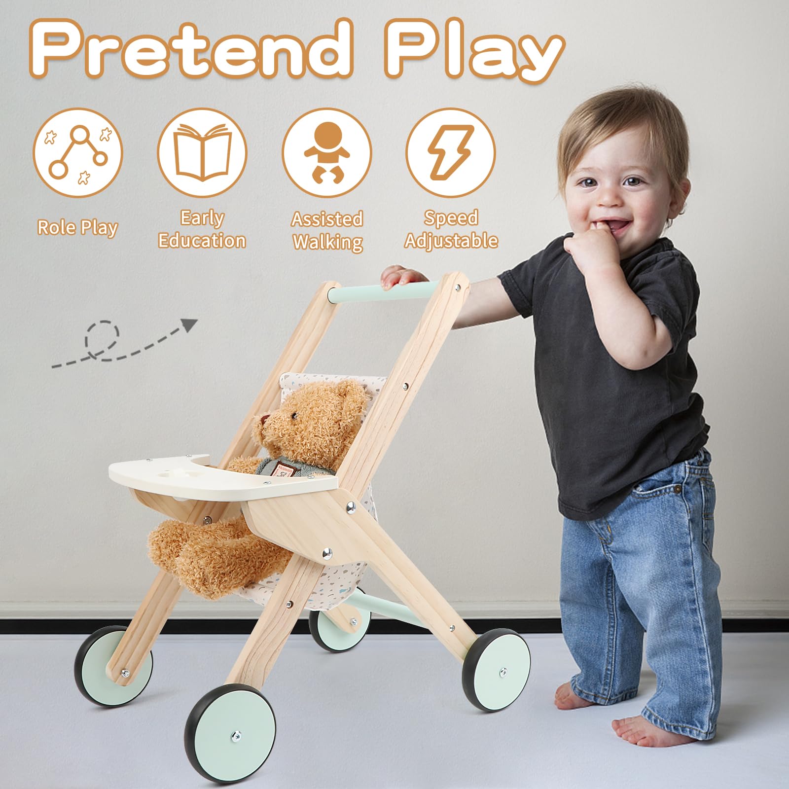 Canuan Wooden Baby Walker Doll Stroller, Baby Push Walker, Shopping Cart Learning Walk for Boys and Girls, Wood Push Toys for Toddler Learning to Walk