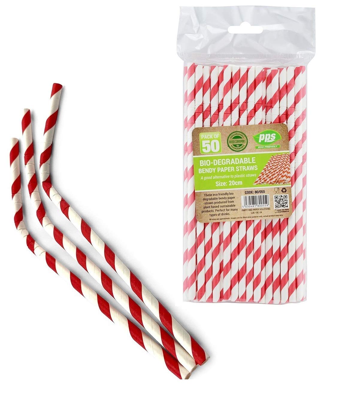 Party Paper Solutions 50 x Bendy Red and White Stripe Paper Drinking Straws Biodegradable Eco 8 (20cm) approx.