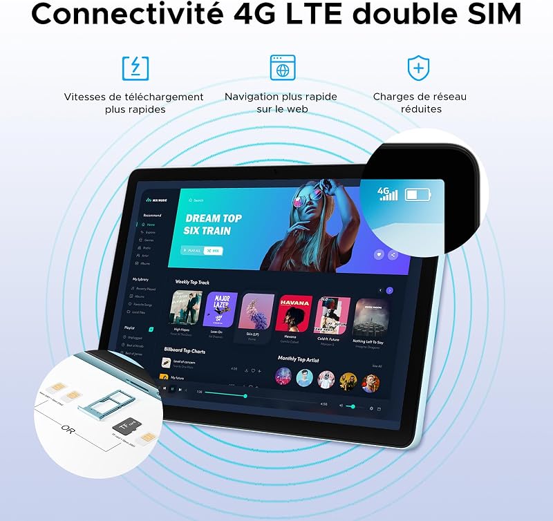 Tab G6 Android 16 Tablette 11 Pouces, 30Go+256Go(TF/2To), 4G LTE Tablette avec Carte Sim Batterie 8000mAh, Octa Core Unisoc T7250 Tablette Tactile Caméra 13MP+5MP, Bluetooth/Widevine L1/Face ID