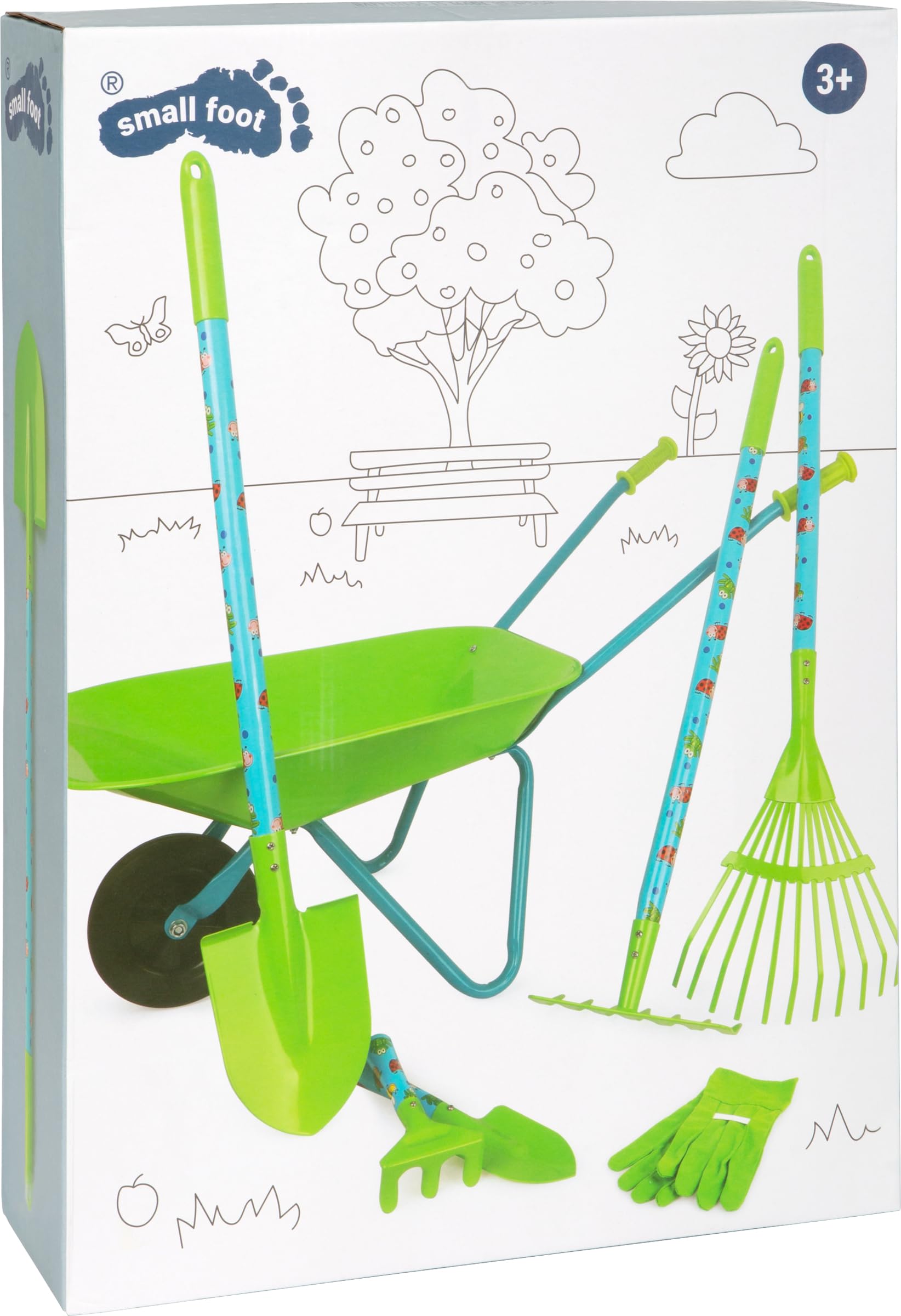 Legler Small Foot 12014 Large Garden Set with Wooden and Metal Wheelbarrow 7-Piece Outdoor Toy Set, Multi-Colour
