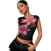 BEAUDRM Women's Floral Tank Top Y2k Sheer Mesh Fitted Crop Top Crew Neck Sleeveless Shirts