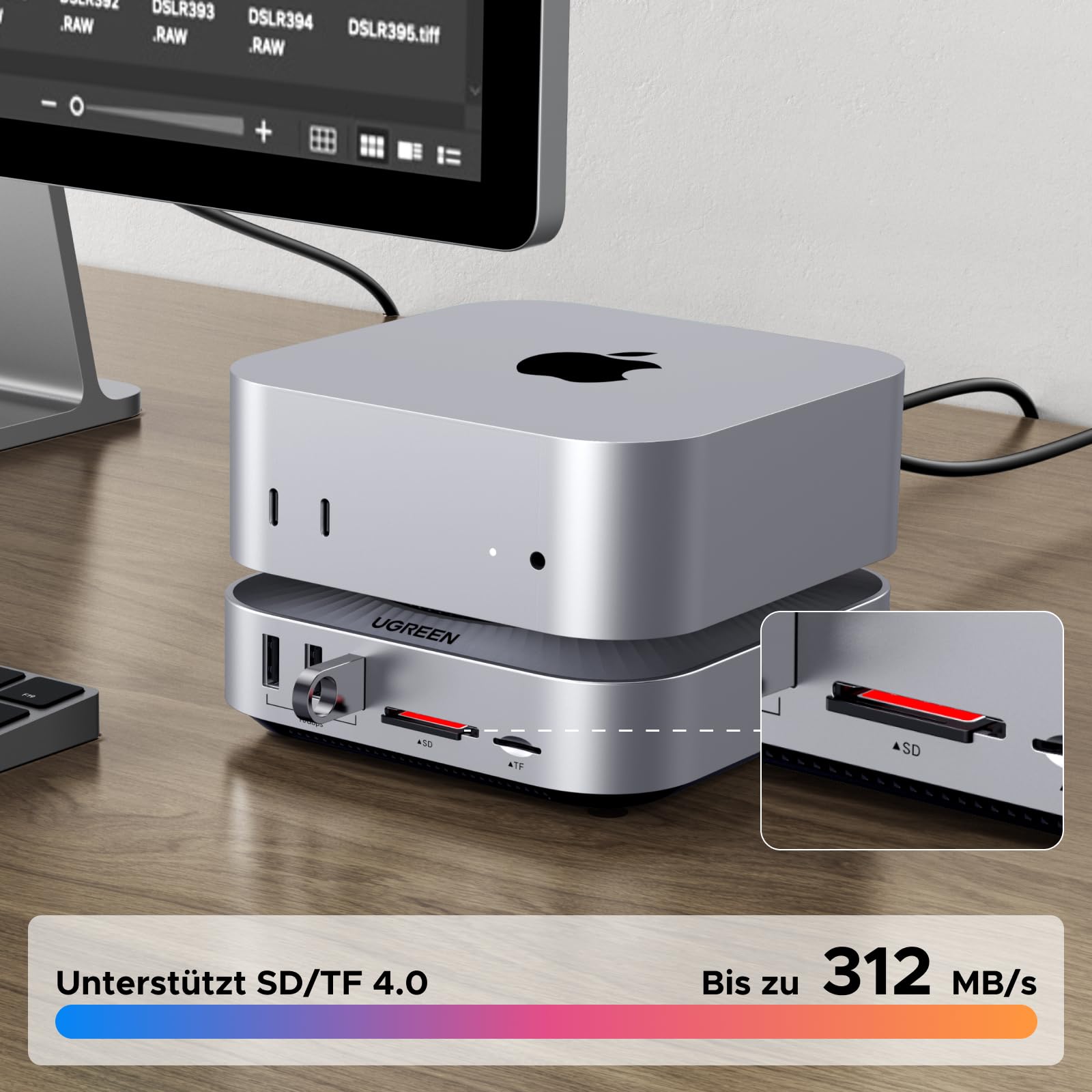 UGREEN Mac mini M4 Dock 40Gbps M.2 NVMe SSD Gehäuse, 5X 10Gbps USB-Anschlüsse, Docking Station mit HDMI(8K@30Hz max.) für Dual Display, SD/TF 4.0 & 3,5mm Aux – Kompatibel mit Mac mini M4/ M4 Pro 8