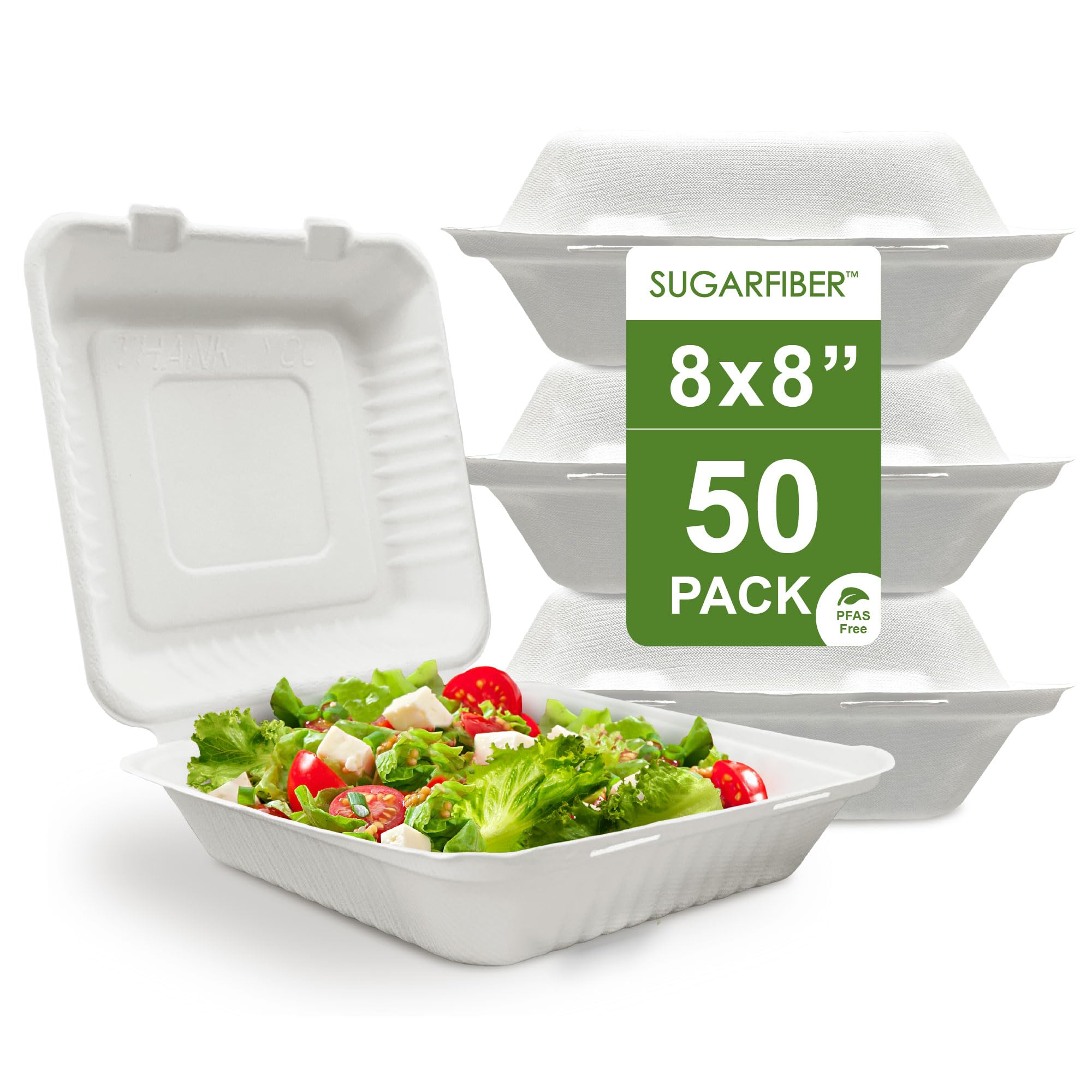 Photo 1 of [50 COUNT] Harvest Pack 8 X 8 inch White Compostable Square Hinged Container, Disposable Single Compartment Clamshell Takeout Box, Made from Eco-Friendly Bagasse Plant Fibers, No PFAS Added