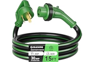 ISLEWIRE 30 Amp 15 Feet RV Power Cord, Heavy Duty 10 Gauge STW Cord with LED Power Indicator Twist Connector, NEMA TT-30P to L5-30R with Cord Organizer for RV Trailer Campers, Black&Green, ETL Listed