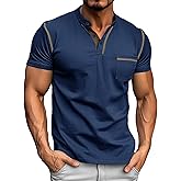 Donason Mens Henley Shirts Short Sleeve Summer Tops, Men's Casual Classic Tees Cotton T Shirt with Front Pocket for Men