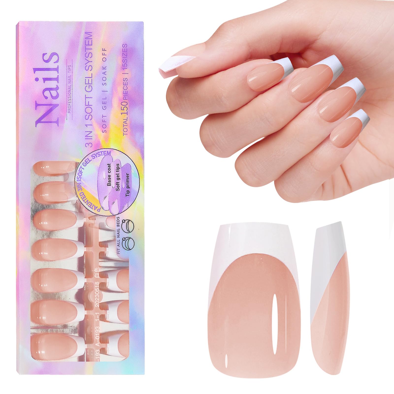 French Gel Nail Tips, 150pcs Medium Coffin Press on Soft Gel Fake Nails, 3 in 1 X-coat Pre-Applied Tip Primer & Base Coat, 15 Sizes for DIY Nail Extension, No Filing Required (HJ-NT087-No.7)