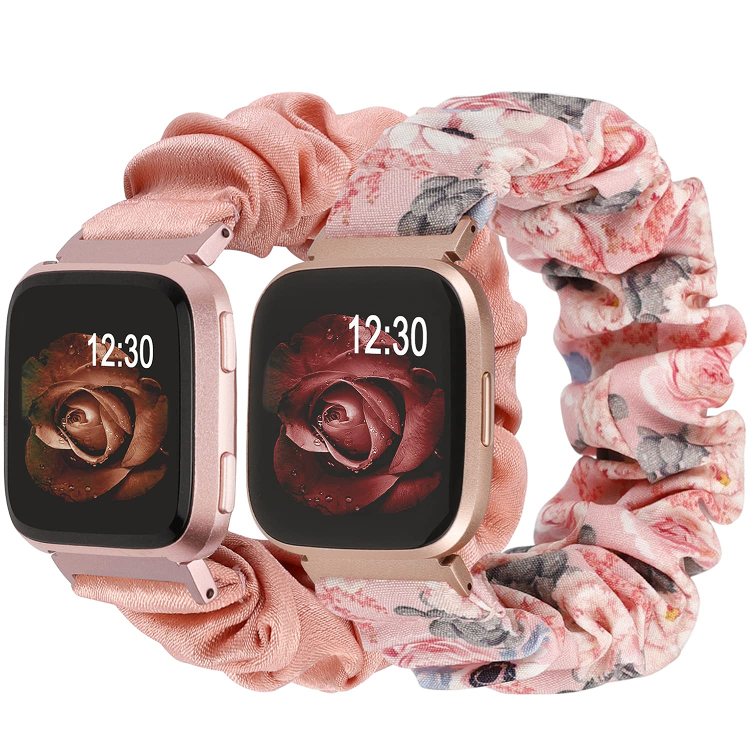 Wearlizer Straps Compatible with Fitbit Versa/Versa 2 for Women, Elastic Watch Strap Scrunchie Wristband Replacement Band (Pink/Floral, S)