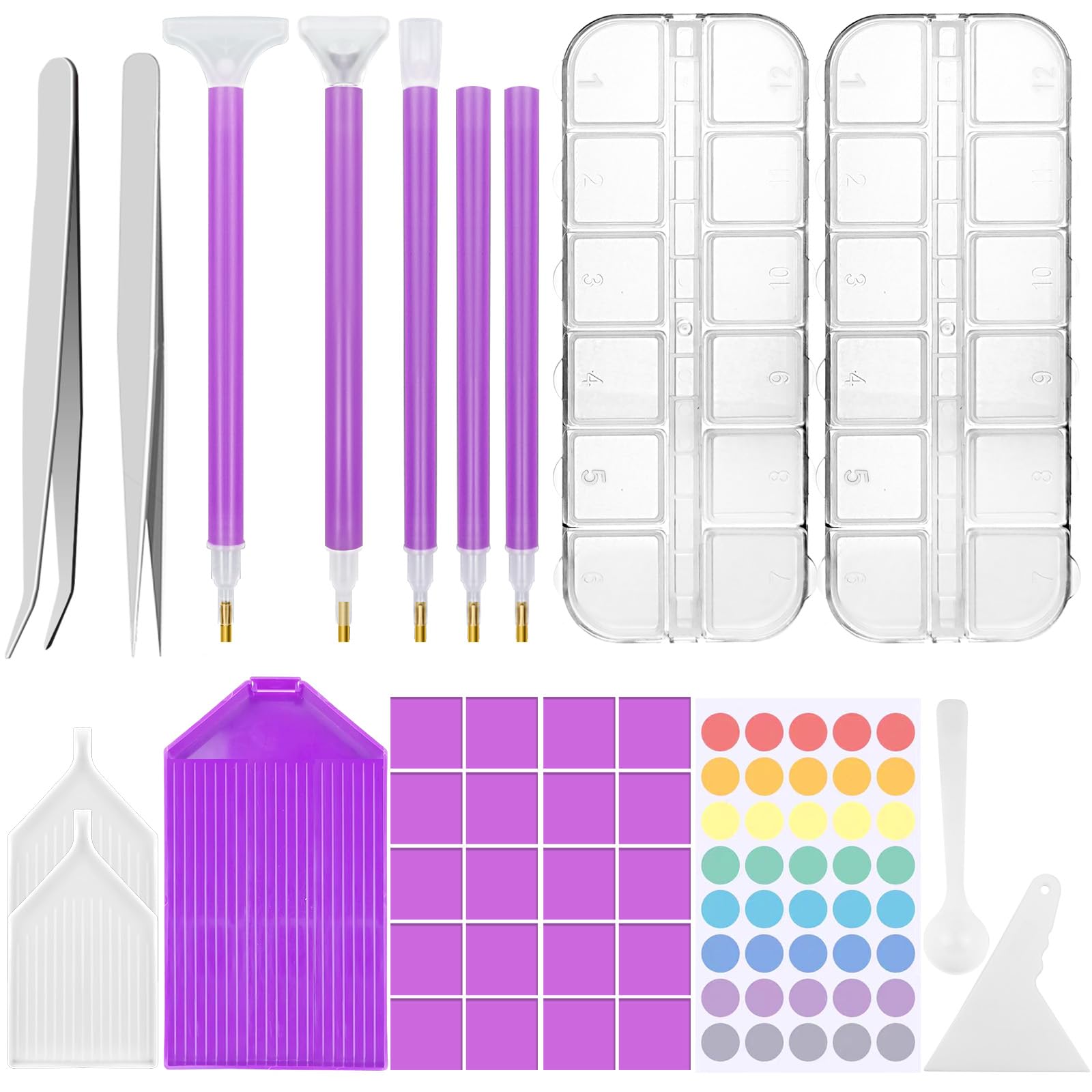 REJOECE 35Pcs Diamond Art Accessories, 5D DIY Diamond Painting Tools Kit with 12 Grids Mini Diamond Storage Boxes,Point Drill Pens, Tweezers, Tray, Dimond Art Tools for Diamond Embroidery and Nail