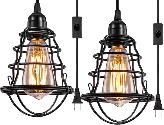 Industrial Plug In Pendant Light Vintage Hanging Cage Pendant