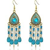 Ricarmo Bohemian Dainty Vintage Gold Crystal Teardrop Chandelier Lightweight Dangle Drop Earrings Retro Alloy Chain Fringe Hook Earrings For Women Jewelry Gifts