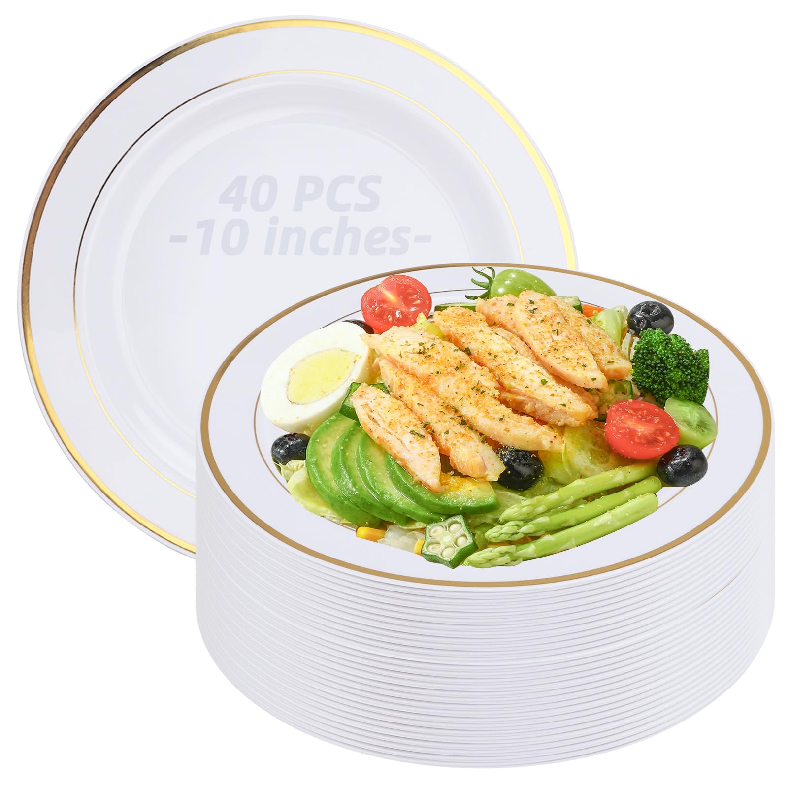 SHUESS 40 Pack White Plastic Plates with Gold Rim - 10 Inches Round Plastic Plates Reusable - Sturdy Dinner Plates - Elegant Party Plates for Weddings, Parties, Catering, and Picnics (26 cm)
