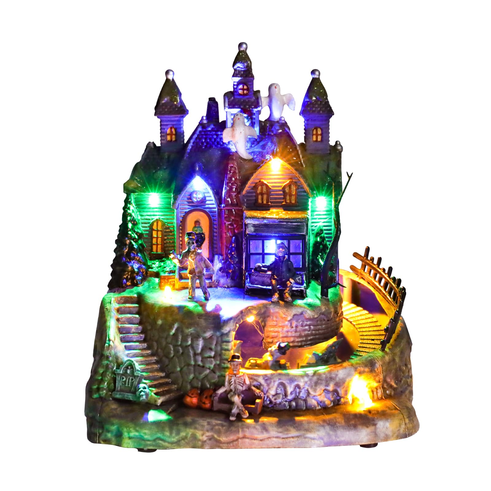 Photo 1 of Chonsun Halloween Decorations Indoor 9 Inch 3AA Batteries/USB LED Lights Moving Train Haunted House Halloween Music Village Sets