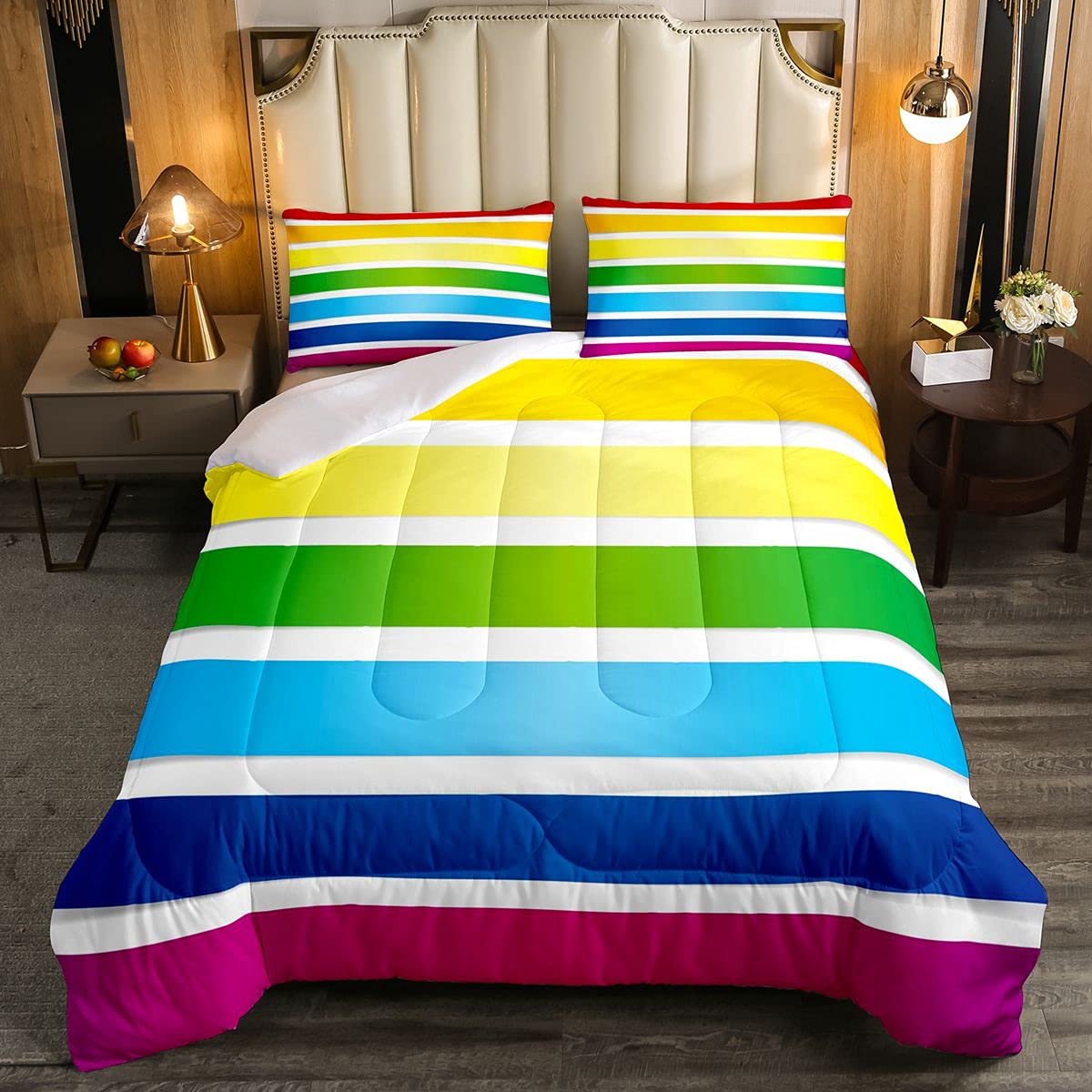 Loussiesd Geometric Stripe Soft Duvet Kids Colorful Stripes Duvet Insert Simple Modern Rainbow 2Pcs Single Size