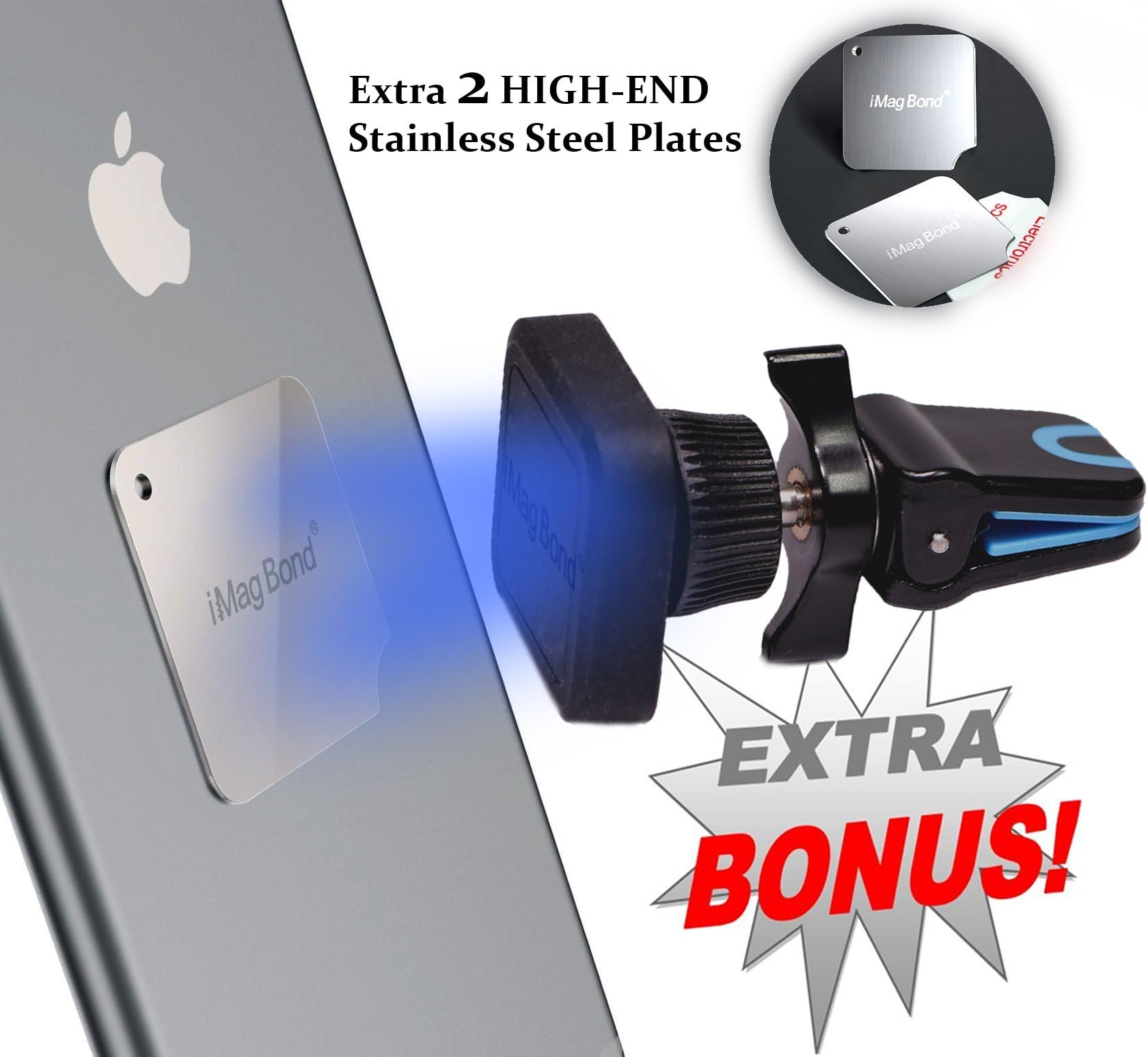 Universal Magnetic Mount, iMagBond Eco 360° Swivel Air Vent Magnetic Car Mount Holder with Twist Clip for iPhone and Smart Cell Phones (ECO) with 4 Metal Plates Bonus