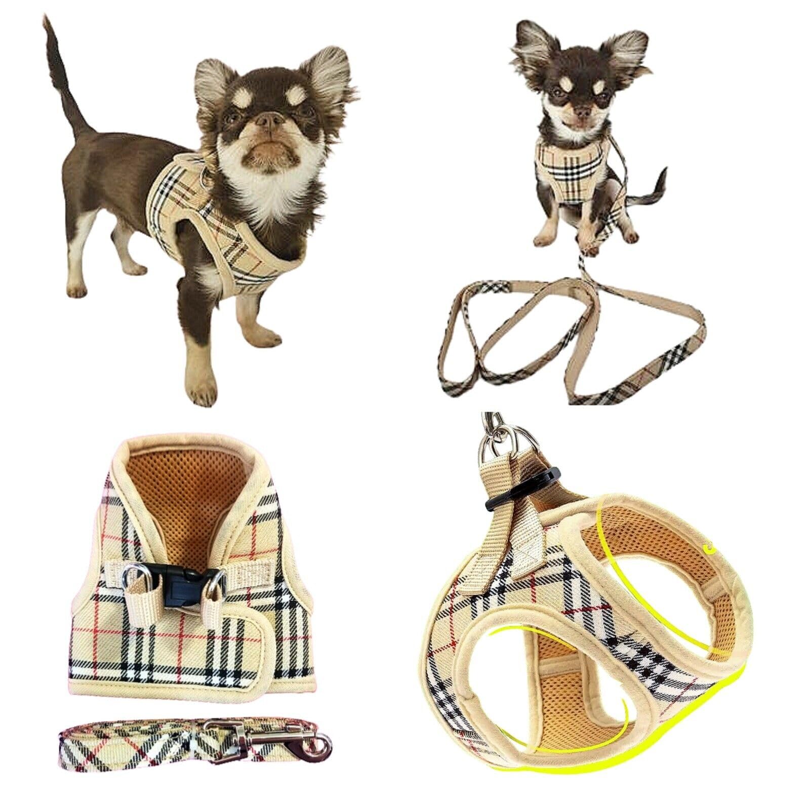 Tartan Plaid Check Stripe Harness and Leash Step in Harness Hook Loop Clip Lead Set Yorkie Maltese Terrior Puppy Smaller Miniature Dogs Toy Pet Chihuahua Terrier (Beige Tartan, XS (Chest 30-35cm))
