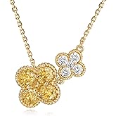 MYEARS Gold Necklace for Women Flower Pendant Sideways Double Four-leaf-clover Link Birthstone Cubic Zirconia 14K Simple Dainty Chain Floral Lucky Jewelry Gift
