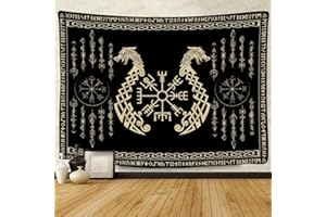 F-FUN SOUL Nordic Vikings Tapestry, Large 40x30inches Soft Flannel, Vegvsir Symbol Twins Dragons Celtic Rune Scandinavian Aesthetic Mythology Tapestry Wall Hanging for Bedroom Living Room Decor GTZYFS1724