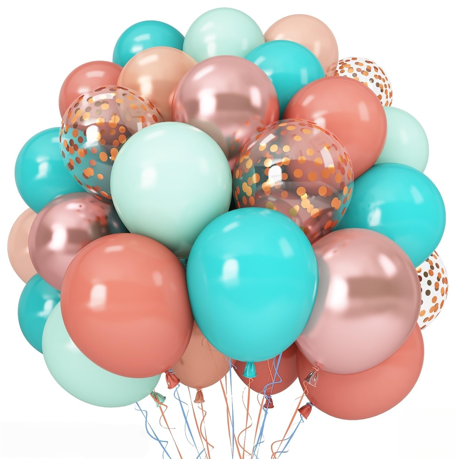 Photo 1 of Hawaiian Balloons Set, Pack of 60 12 Inch Orange Teal Blue Light Green Chrome Rose Gold Confetti Latex Balloons for Tropical Luau Beach Aloha Tiki Magic Baby Shower Birthday Party Decorations Supplies